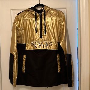 Metallic Gold and Black Pull-Over Windbreaker With Hood. Size M